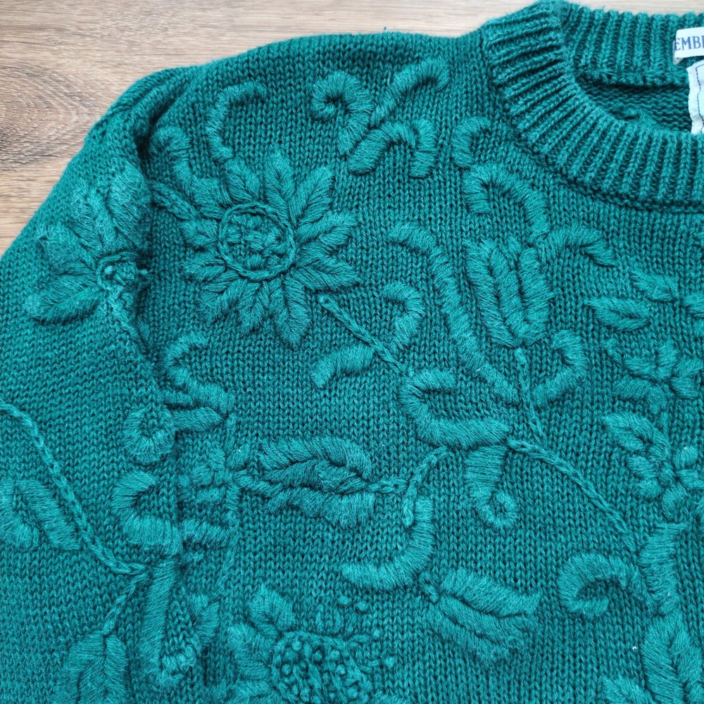 Cape Isle Knitters Floral Embroidered Sweater Teal Green Textured Chunky Cotton - Picture 4 of 8